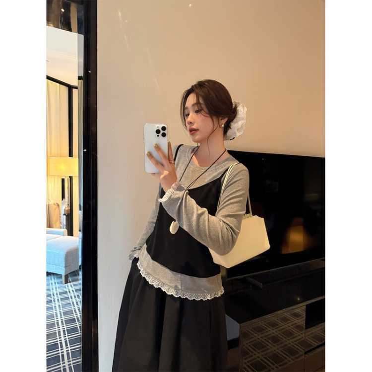 大婉酱 【韩系花边小衫】微胖大码假两件长袖T恤26女秋新显瘦蕾丝衬衫
