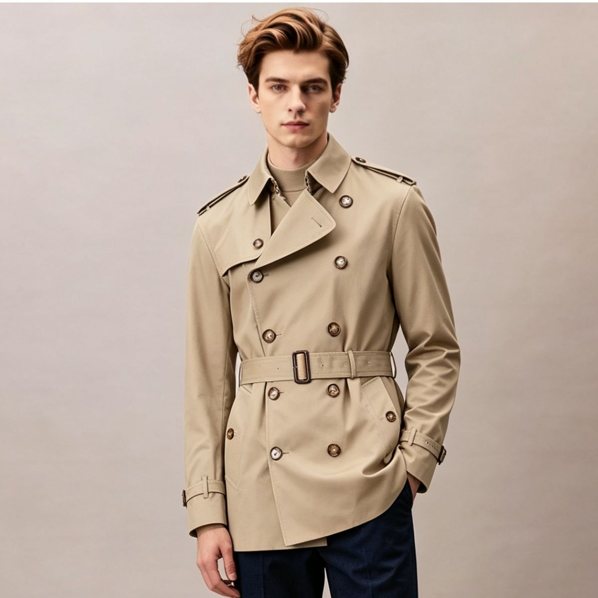 BURBERRY 【带腰带】男士复古时尚双排扣翻领长袖风衣