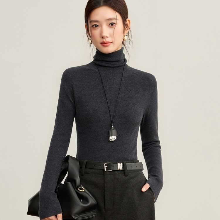 奢汐 可机洗60支超细纯羊毛衫女堆堆领修身内搭优雅气质针织打底秋冬