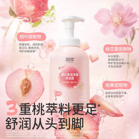 润本 【1秒出泡】桃叶婴儿童沐浴露1.1L 宝宝洗发水沐浴露二合一 图片 3