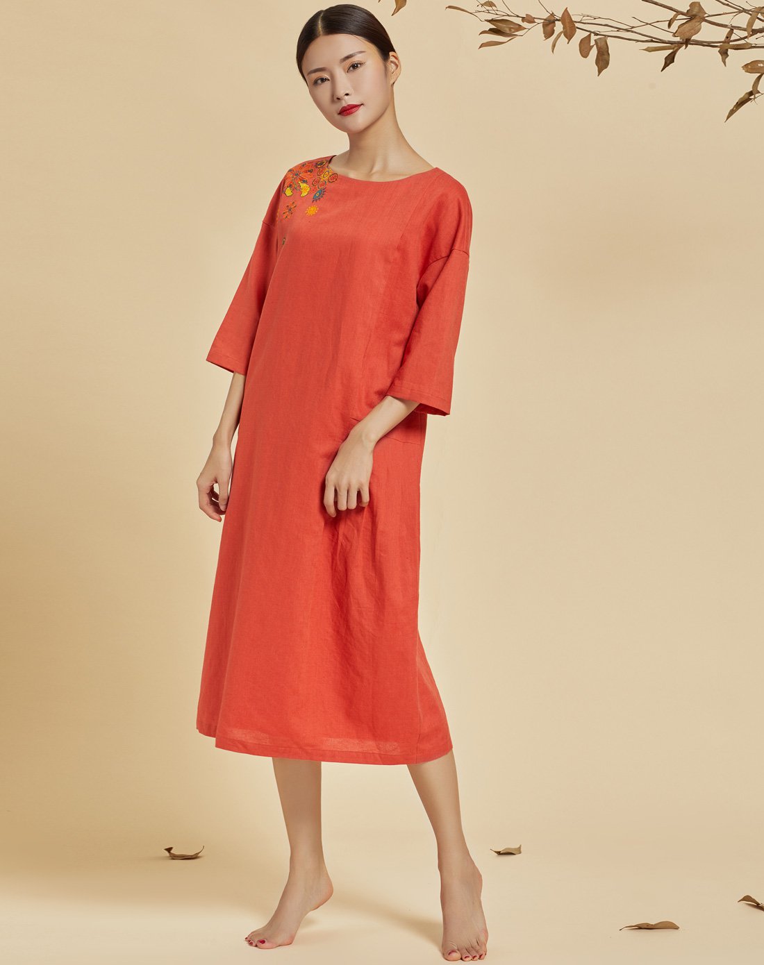 天意tangy女装专场 天意/tangy宽松休闲橙红中长连衣裙