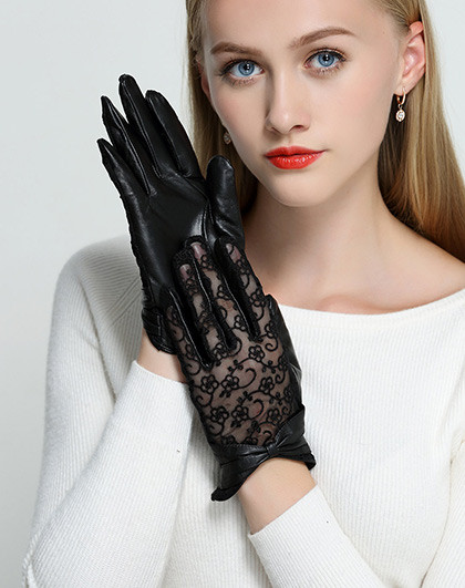 女式触屏绵羊皮配蕾丝时尚手套