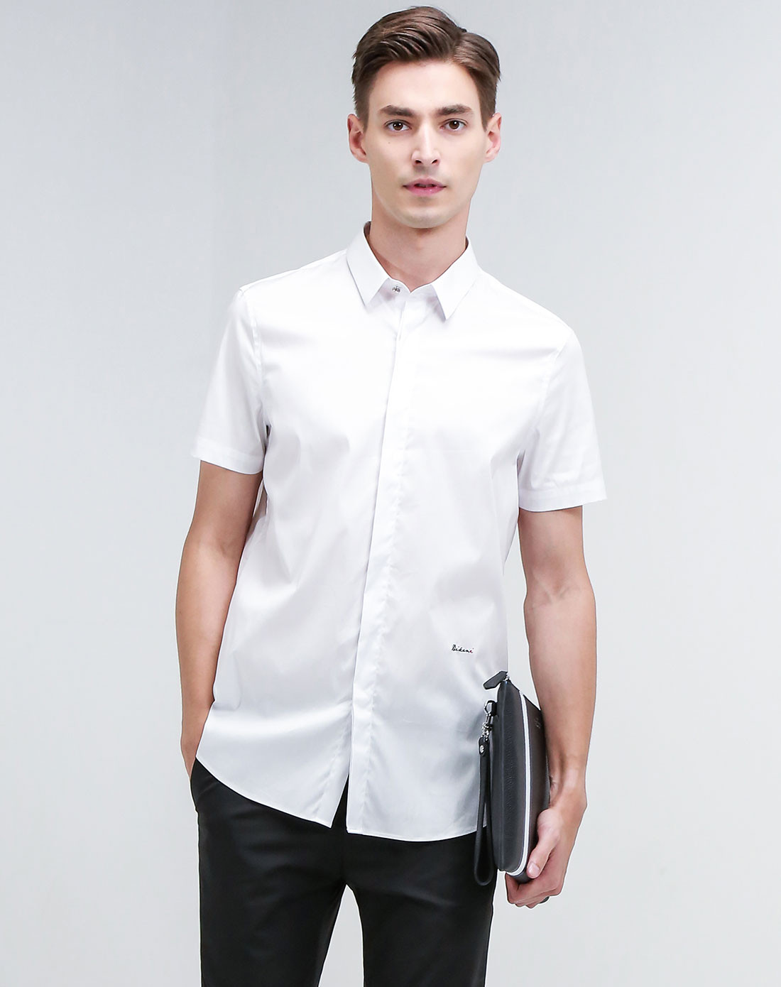 夏季舒适棉简约纯色修身商务短袖正装男士衬衫
