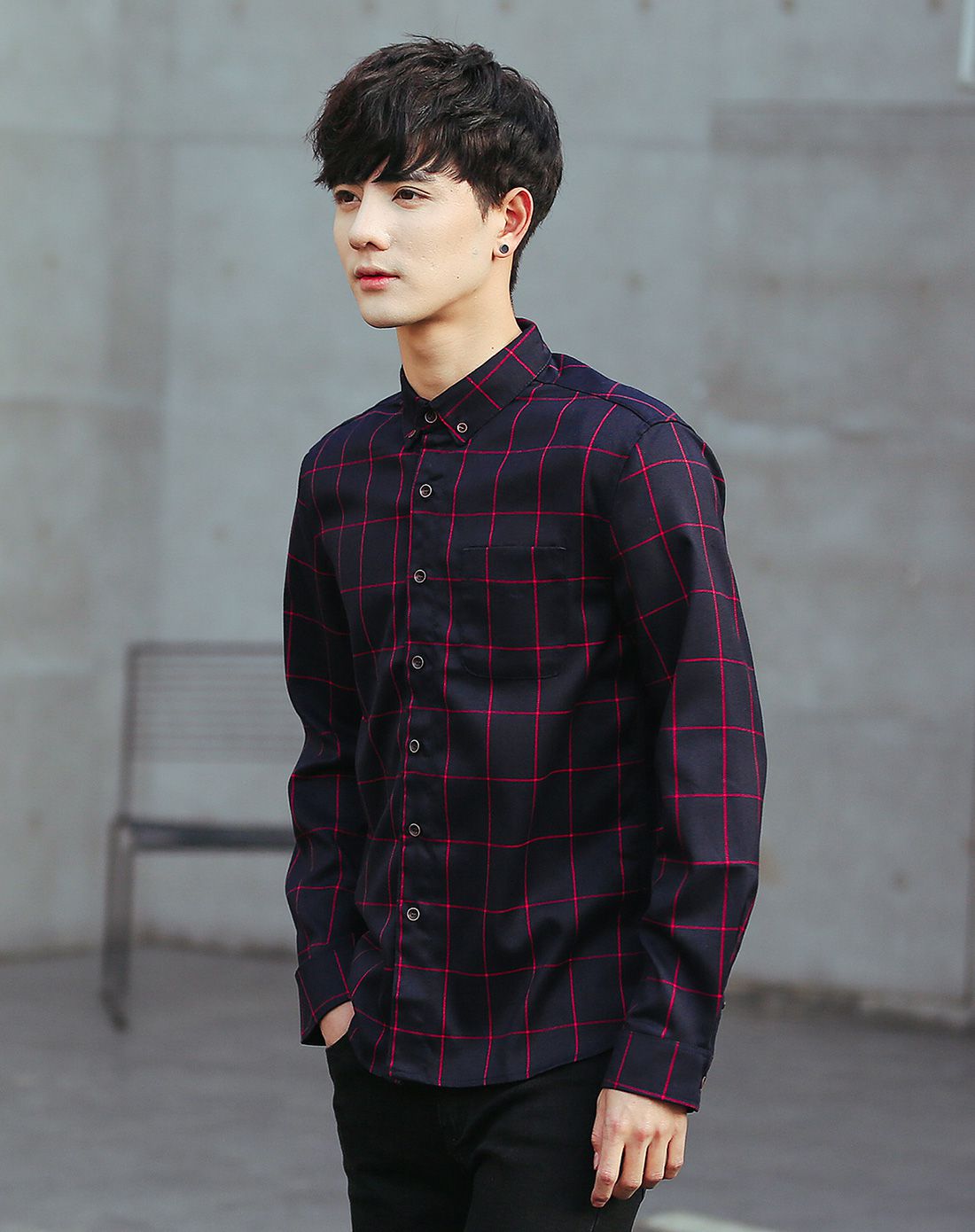 男士拉菲红修身韩版格子衬衫拉菲红