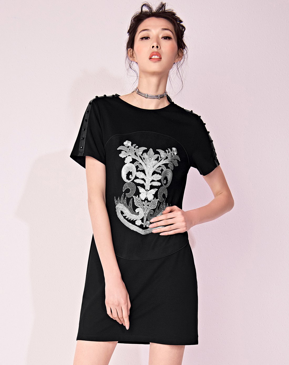 花卉脸谱珠片绣铆钉修身显瘦女连衣裙