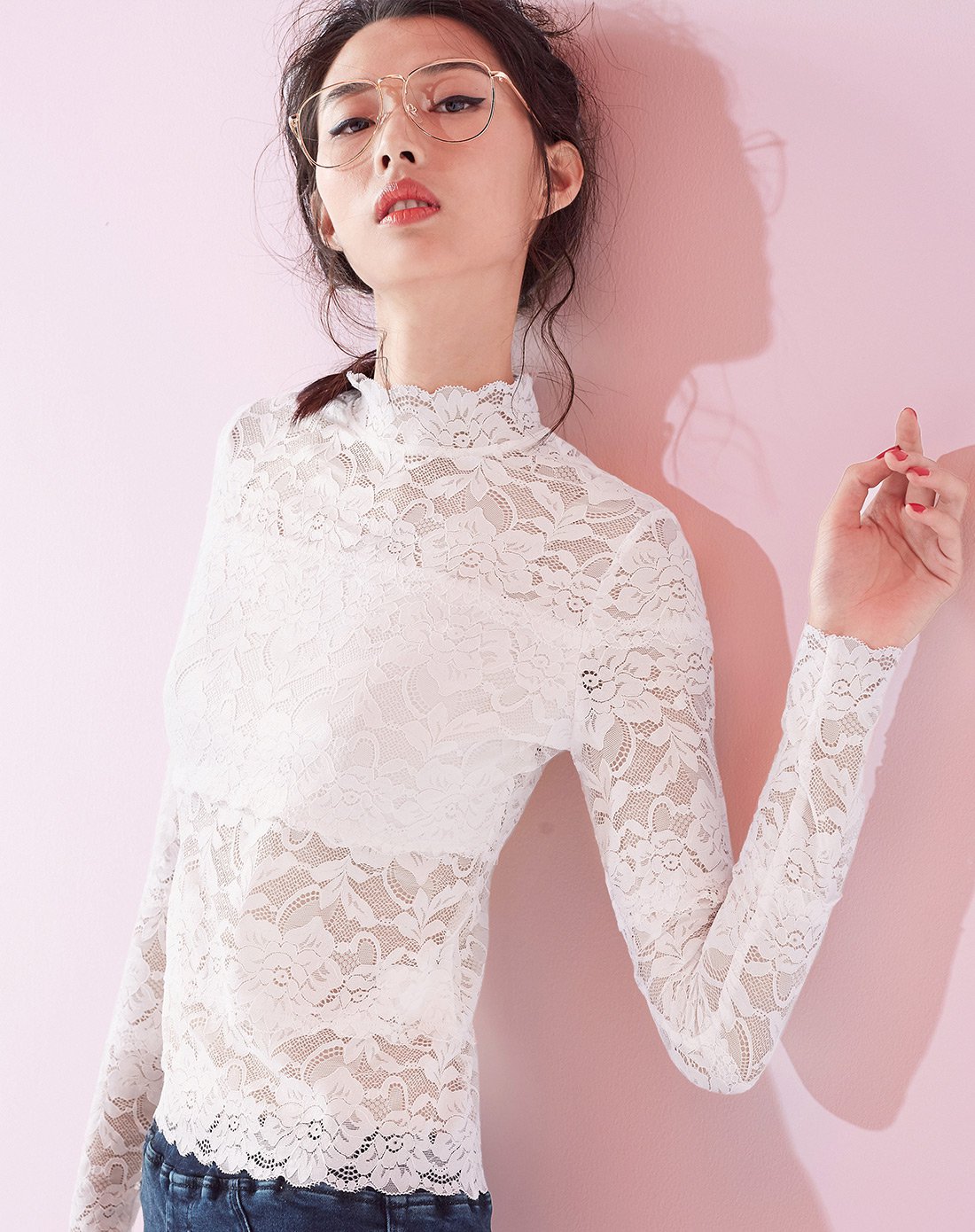 元气少女透视镂空修身长袖蕾丝上衣7224104447700_唯品会