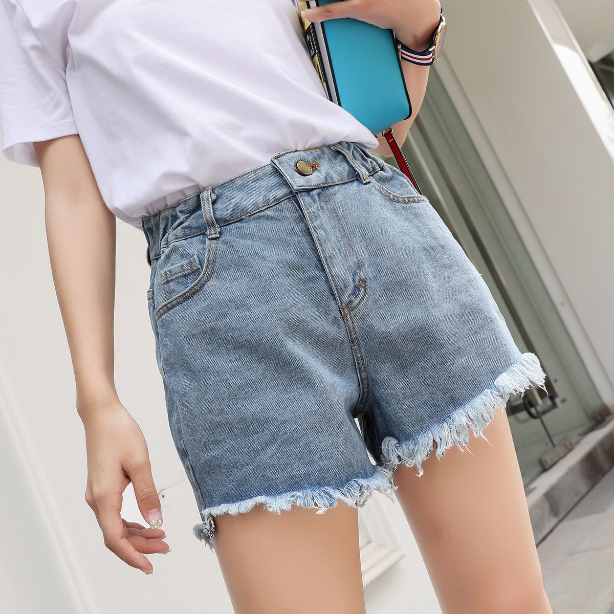 三分裤破洞牛仔裤女黑色阔腿牛仔裤休闲短裤女宽松透气高腰女修身显瘦