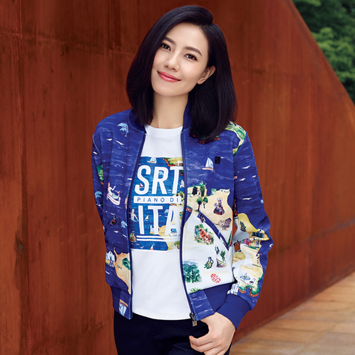 斐乐fila 高圆圆同款 white line系列 满印印花拉链v领针织上衣女款