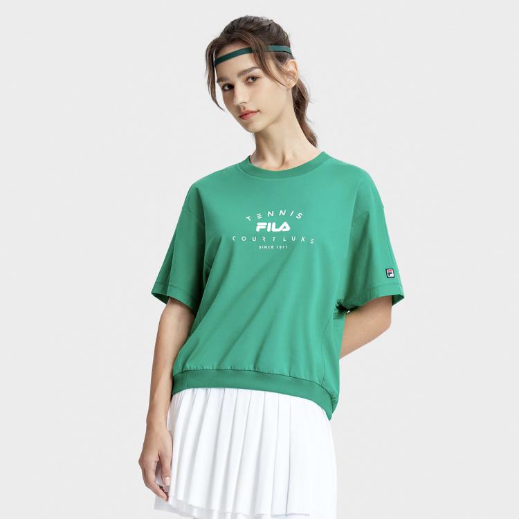 Fila 女装运动t恤女子运动百搭透气简约宽松针织短袖衫 In Green