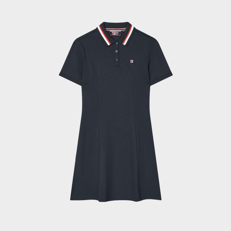 Fila 女装夏季连衣裙女士时尚休闲基础短袖polo领日常针织连衣裙 In Black