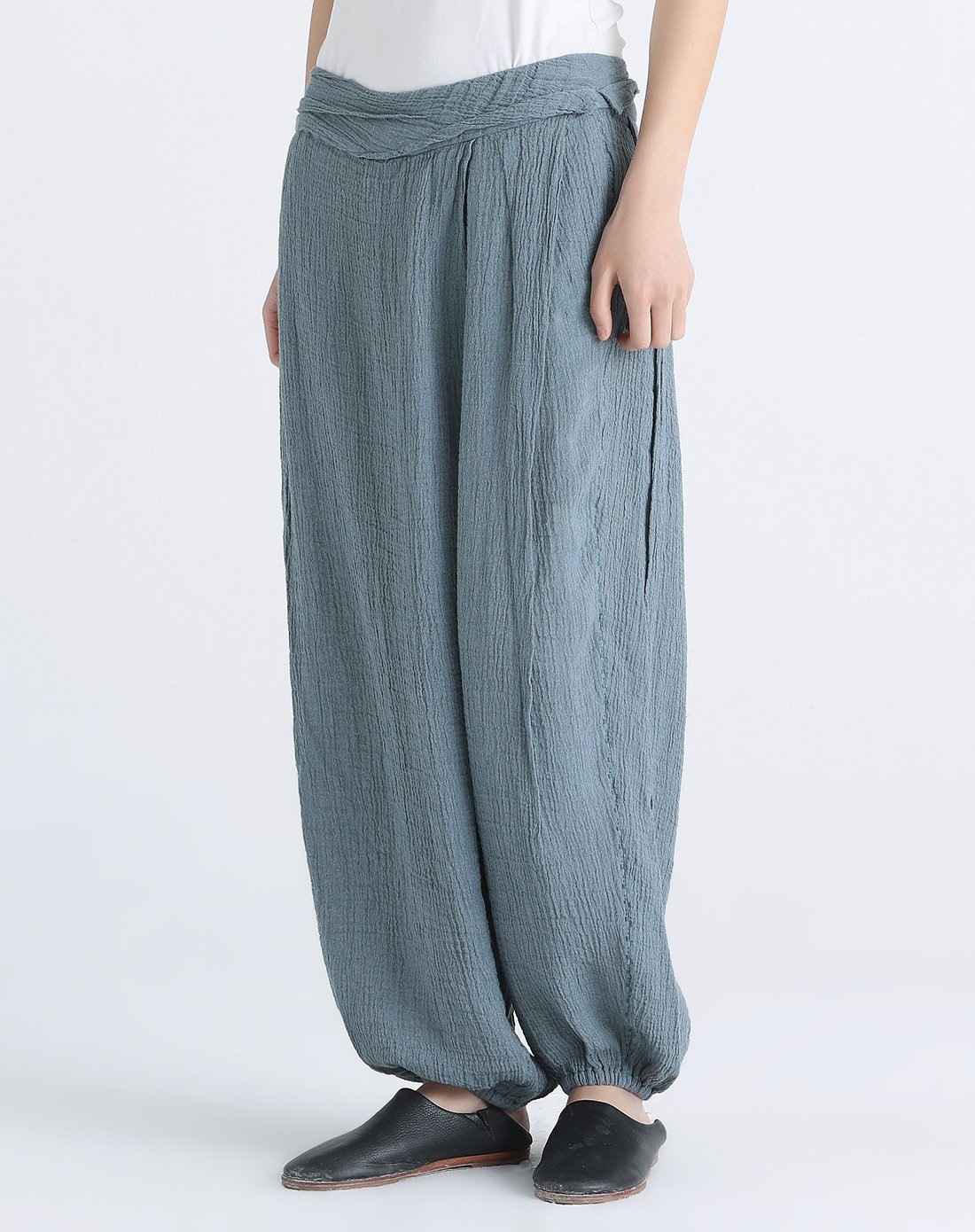 亚麻混纺不规则裁片宽松休闲裤