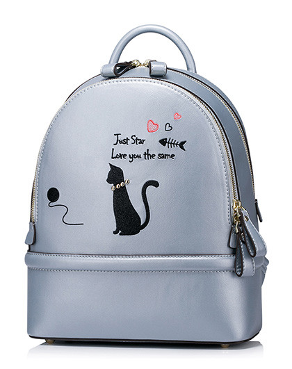 精美猫咪刺绣双肩包书包子夜黑