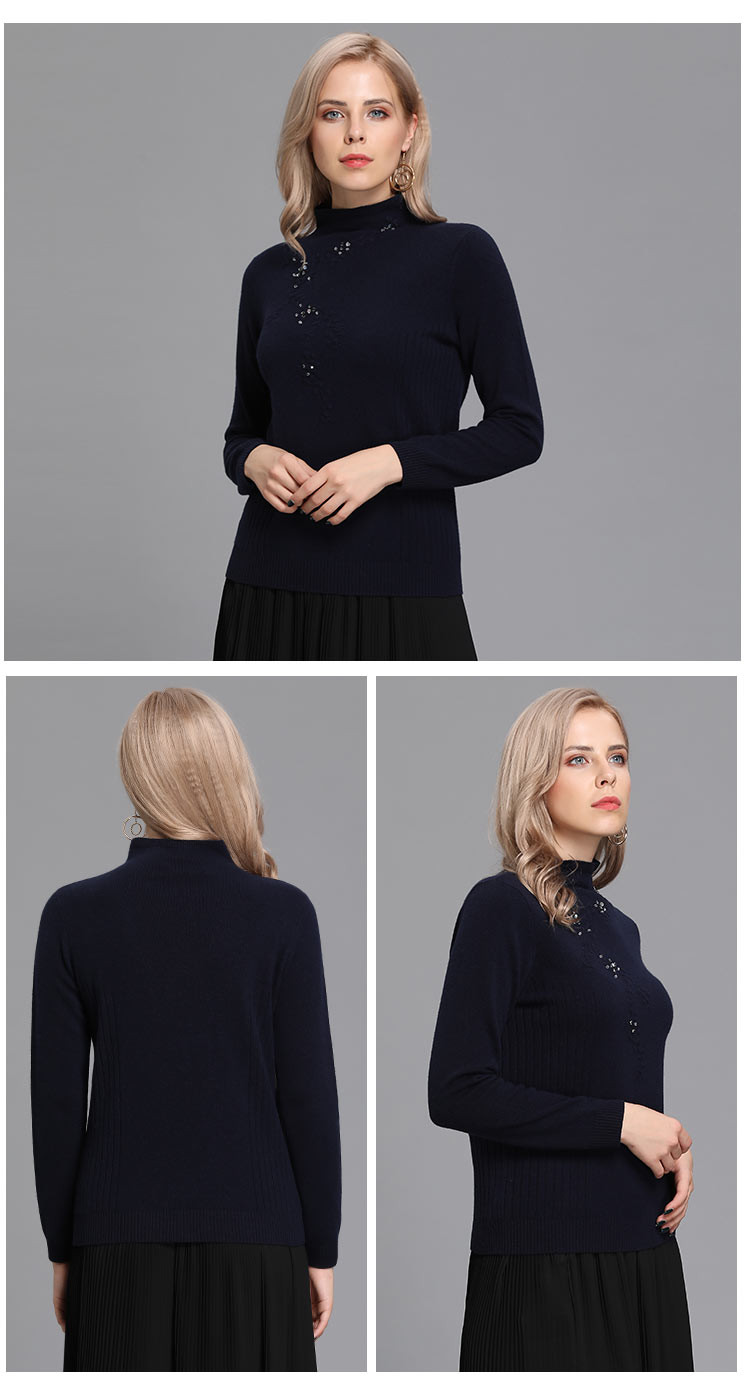 恩佐秋冬长袖纯色修身羊绒高领羊毛衫经典时尚可爱绣花女衫