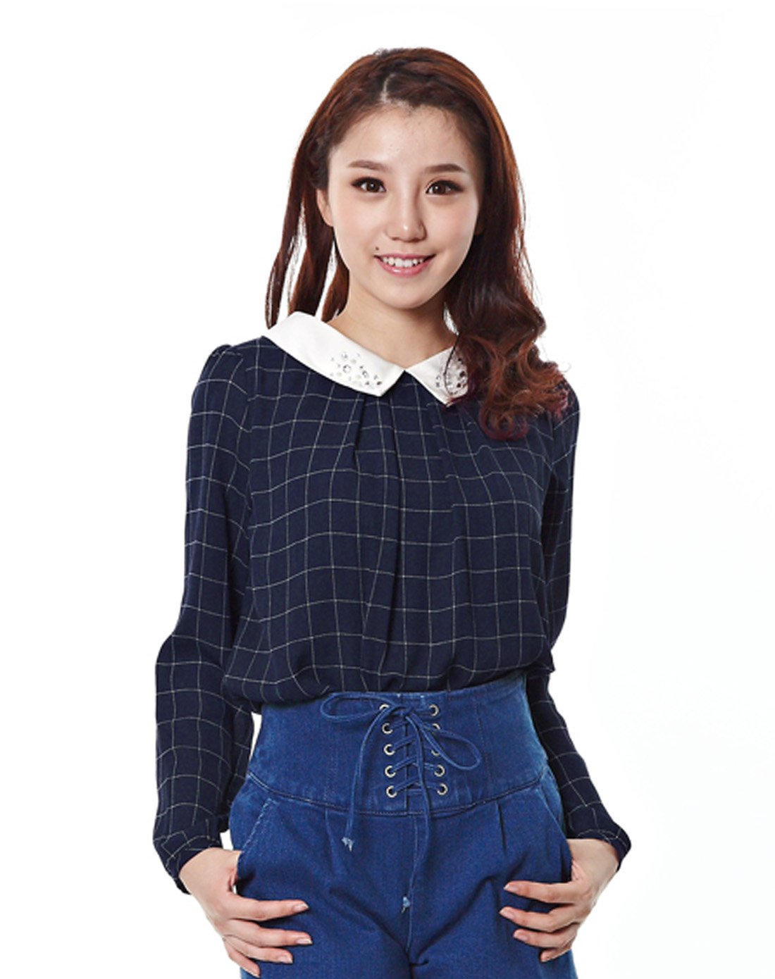 honeys时尚镶钻衬衫领长袖套头雪纺衫2