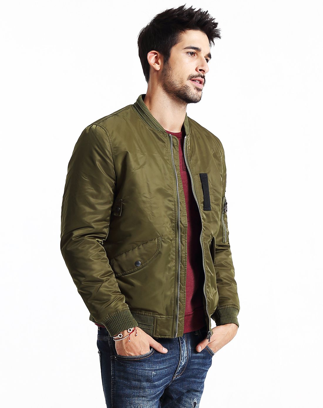 simwood简木男装动漫徽章印花棉服海军绿