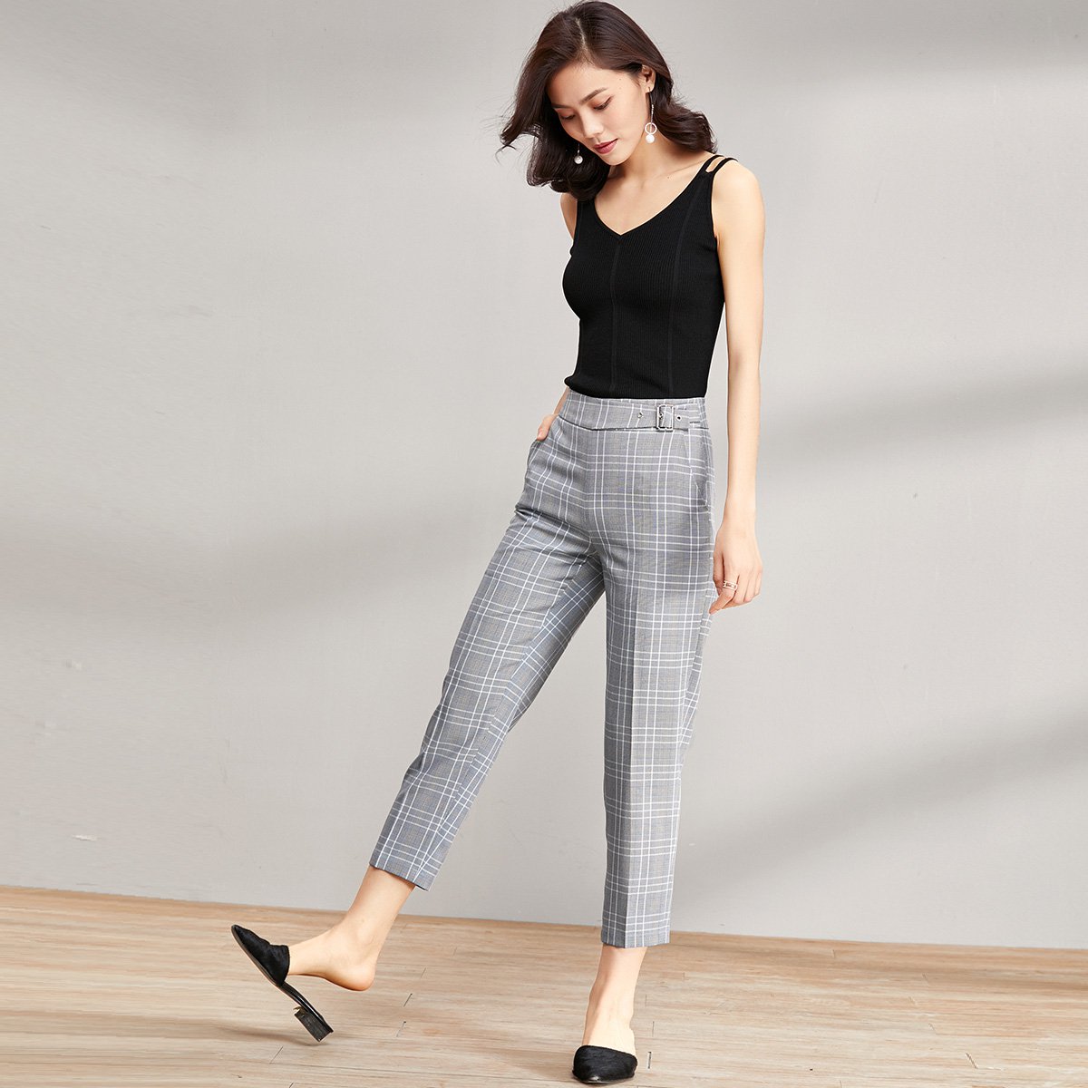 夏装新款时尚格纹工装裤子ol气质中腰百搭休闲裤女