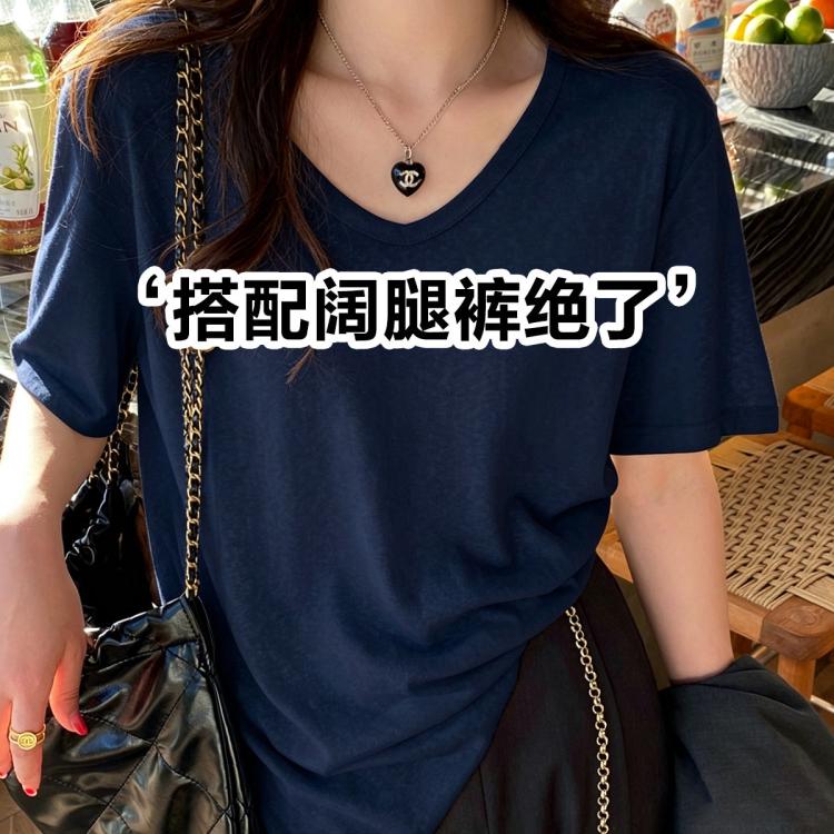 卡拉美拉 【冰丝短袖】短袖t恤女装v领宽松雪花仿棉麻半袖冰丝薄款上衣