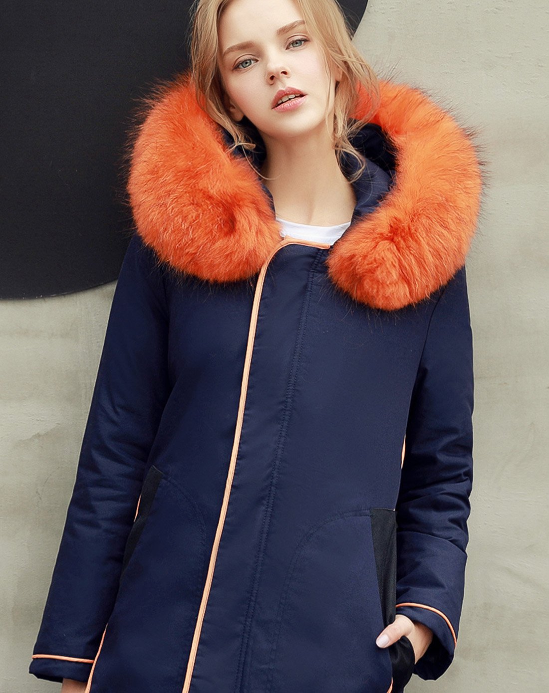 韩版宽松中长款彩色毛领羽绒服