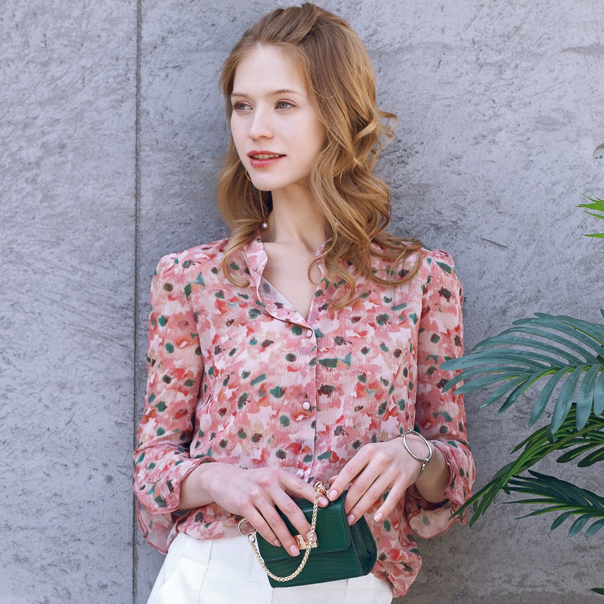 碎花雪纺衫女七分袖韩范印花荷叶边喇叭袖衬衫上衣