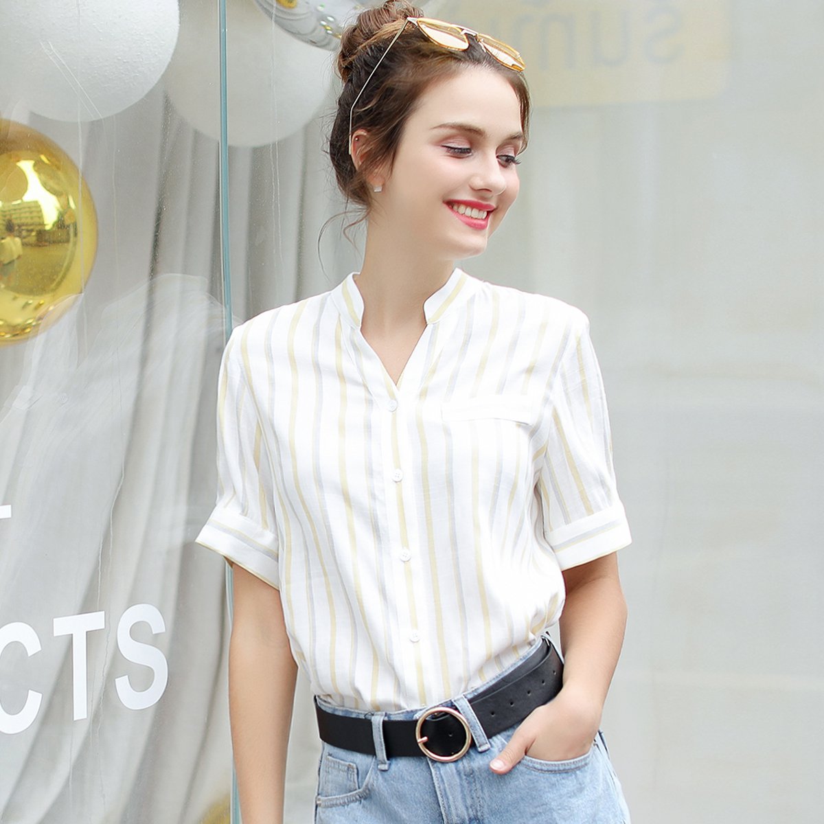 甜美清新v领竖条纹女式衬衫