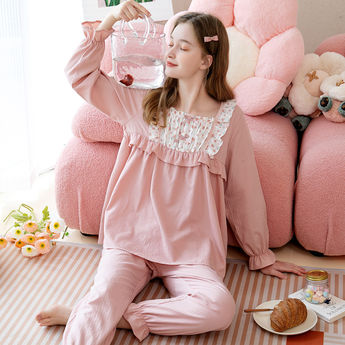 【休闲田园风】春夏方形低领家居服内衣女士睡衣女--唯品会-蓝色屋惠