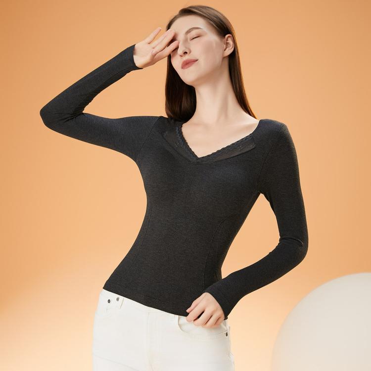 芬腾 【含羊毛 带胸垫】无痕女士秋衣保暖内衣可外穿打底衫单衣