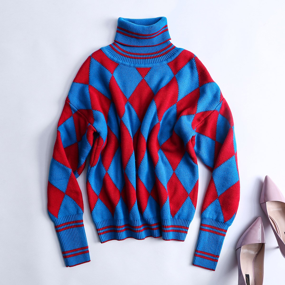 19秋装休闲菱形花纹高领长袖套头毛衫个性羊毛针织衫