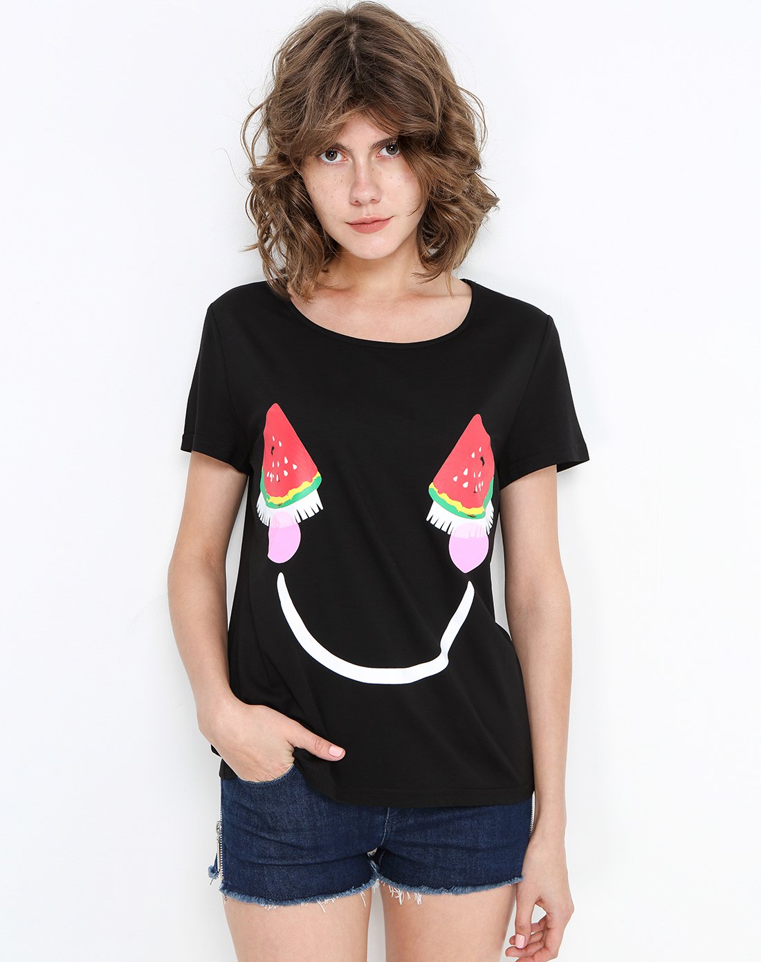 krazy趣味西瓜图案莱赛尔棉短袖t恤夏女7601
