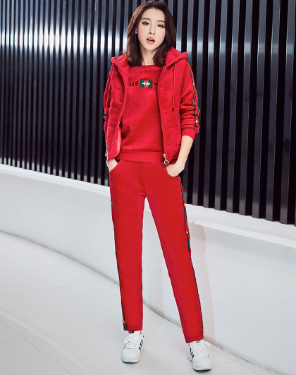 gym冬季运动服女套装2018新款时尚加绒加厚卫衣三件套女冬金丝绒套装