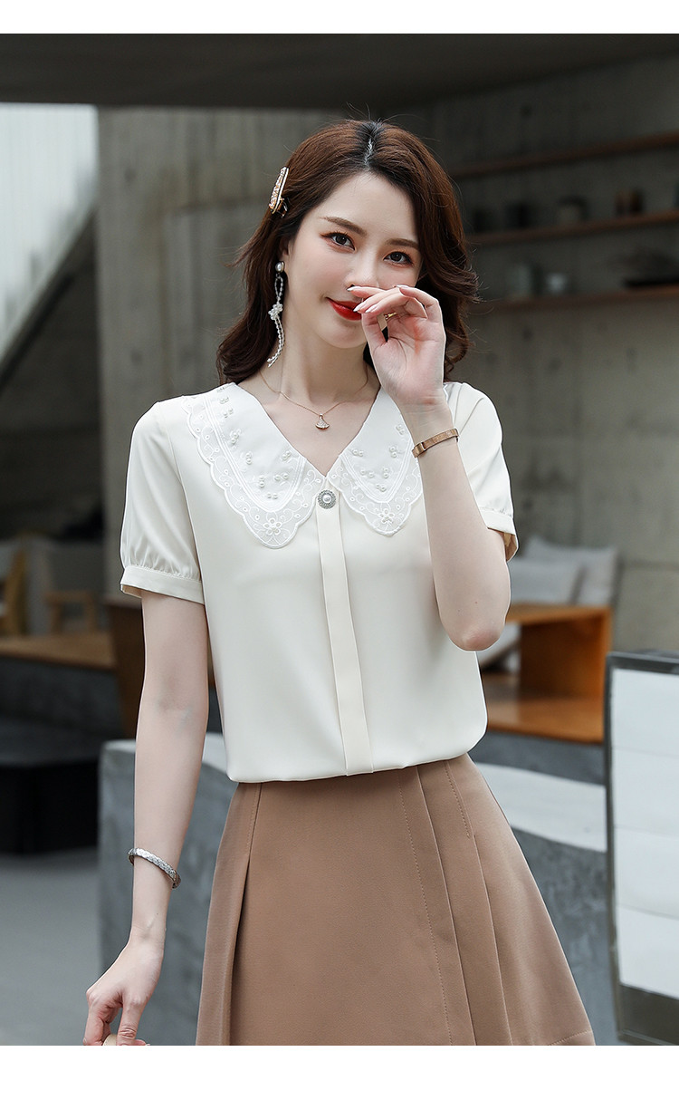 短袖衬衣女2021夏季新款时尚气质休闲花边v领泡泡袖女士衬衫