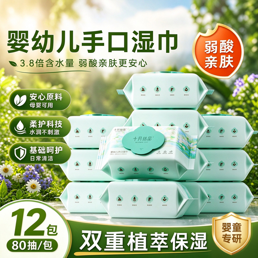 十月结晶 【手口湿巾】婴幼儿湿纸巾家庭装大包宝宝湿巾纸带盖儿童湿巾箱装