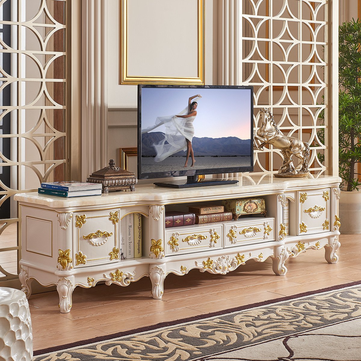 电视柜欧式实木雕花大理石储物电视柜中大户型客厅家具地柜茶几电视柜