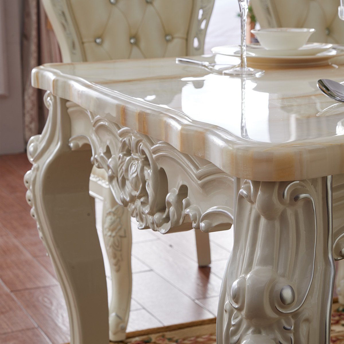 实木餐桌 欧式餐厅实木雕花白玉大理石台面厅长方形餐桌