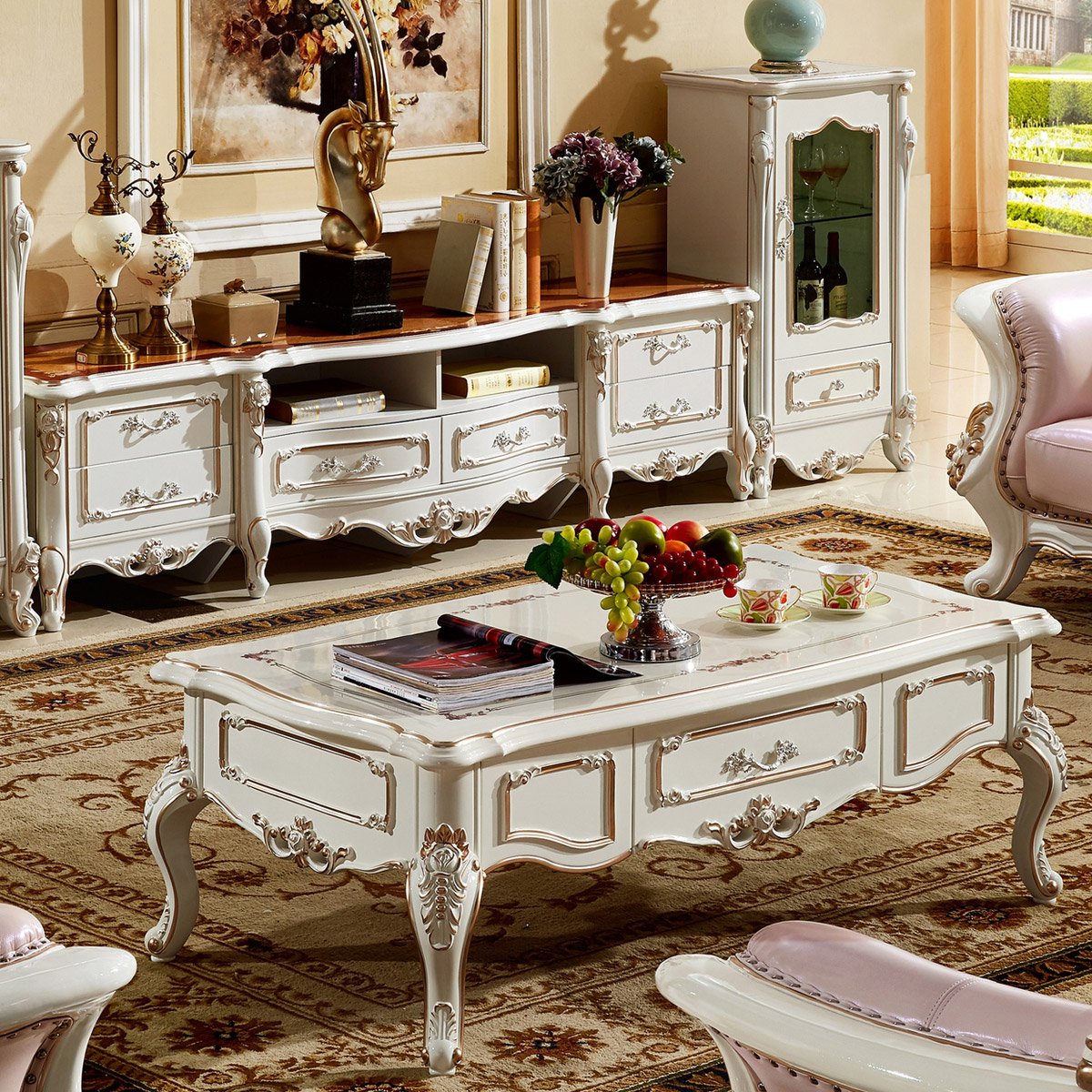 茶几 欧式实木台面精致雕花储物茶几法式客厅家具中小户型茶几电视柜