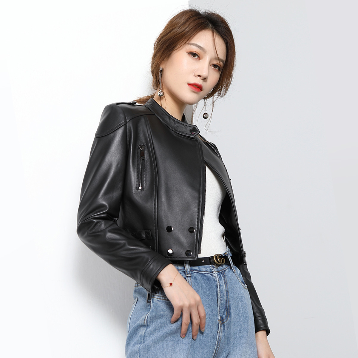 ntnt女装绵羊皮立领机车服2019春秋女士短款真皮皮衣外套女小皮衣3y59