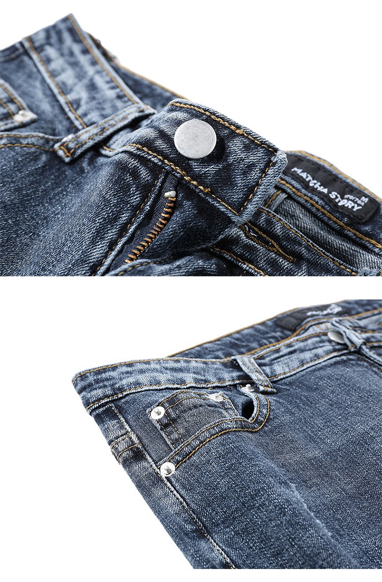 裤袢u型环扣装饰猫须磨砂破洞牛仔九分裤