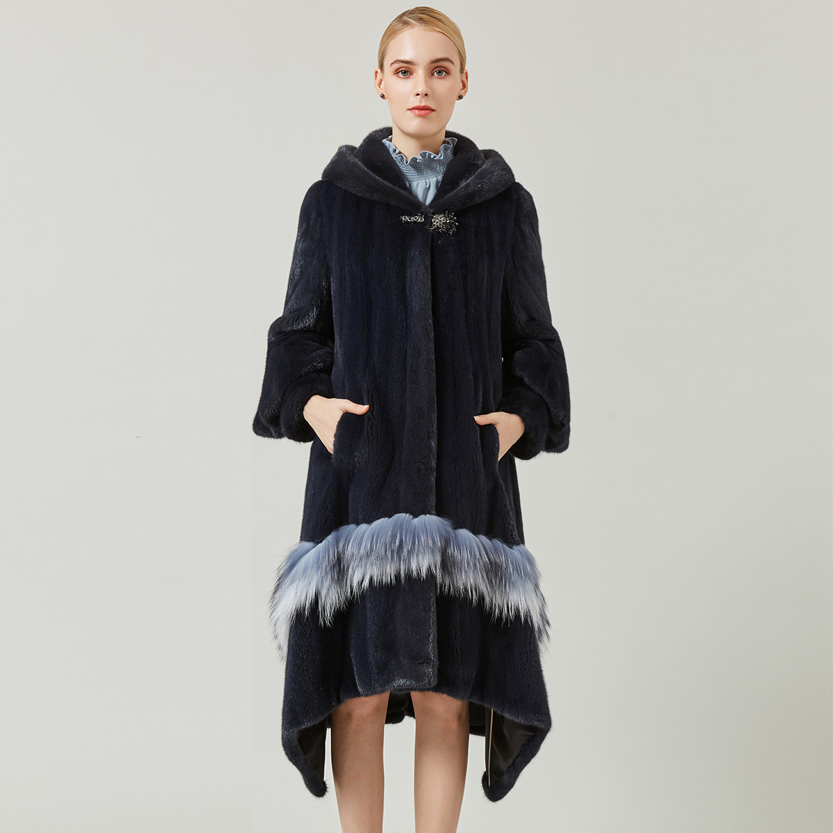 kc皮草2018冬季新款哥本哈根进口紫标级小母貂整貂裘皮长款连帽女士