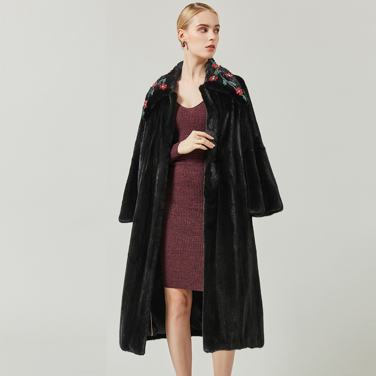 kc皮草2018冬季新品美国宝嘉美本黑貂小母貂长款女士整貂裘皮大衣