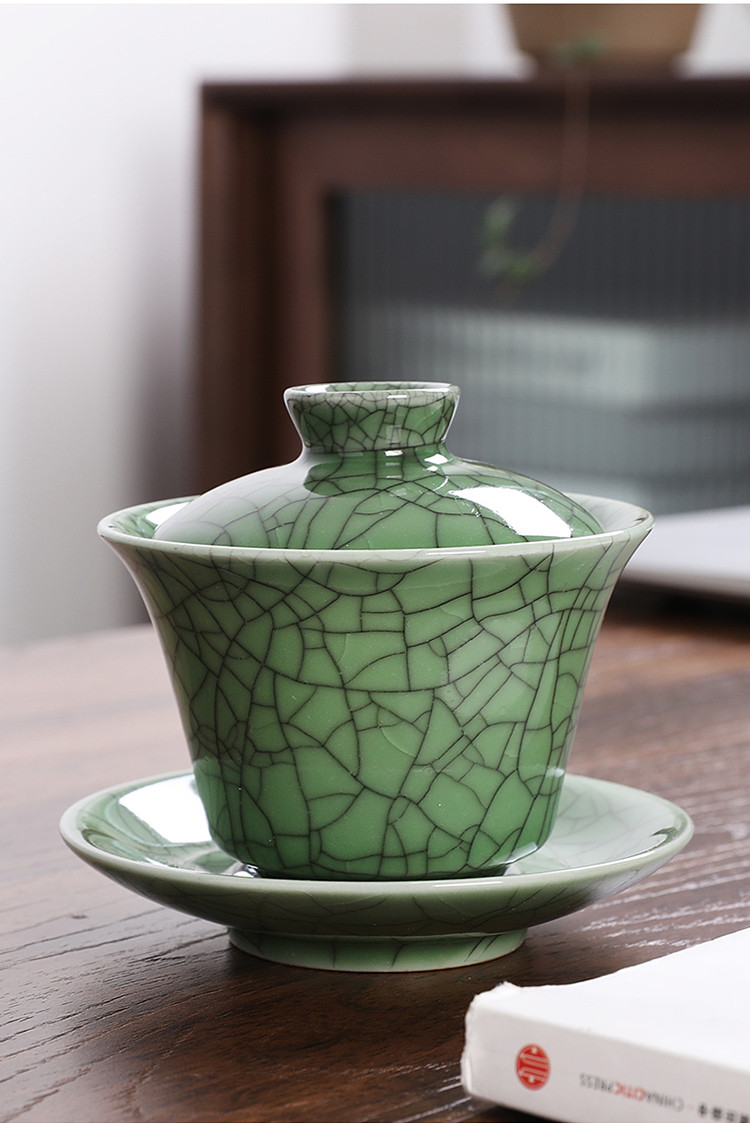开片金丝铁线哥窑茶碗茶器三才杯三才盖碗茶具