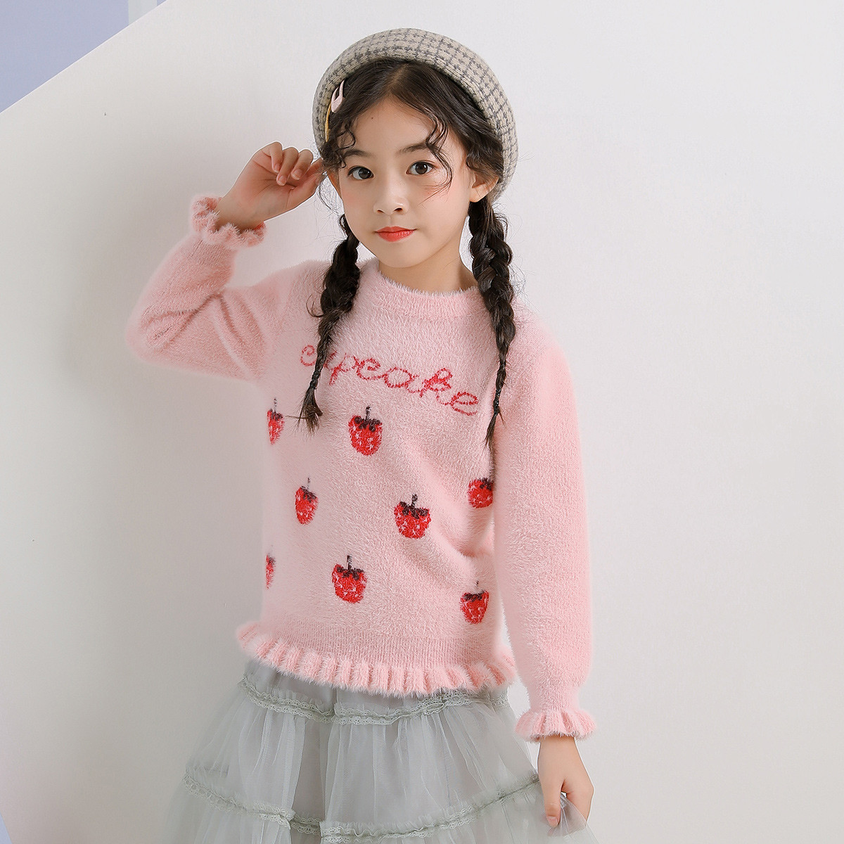 加厚加绒编织保暖仿貂绒女童针织衫中大童儿童圆领套头女童毛衣