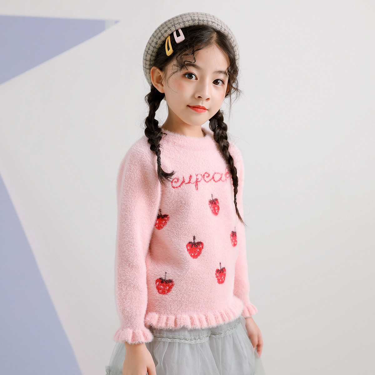 加厚加绒编织保暖仿貂绒女童针织衫中大童儿童圆领套头女童毛衣