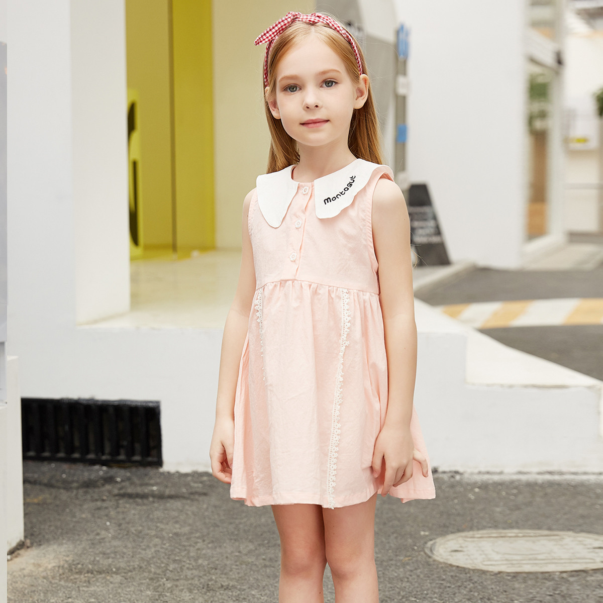 法国梦特娇【纯棉】童装2019年女童无袖连衣裙可爱娃娃翻领