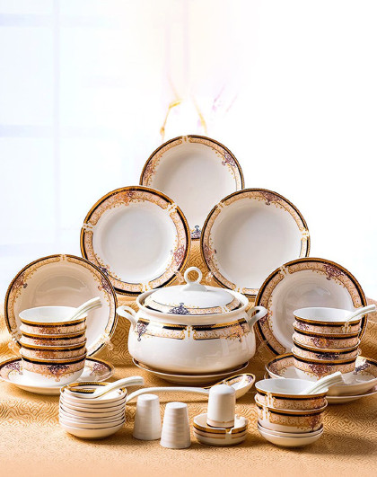 金色维也纳系列 欧式典雅陶瓷餐具56件套碗碟盘餐具套装