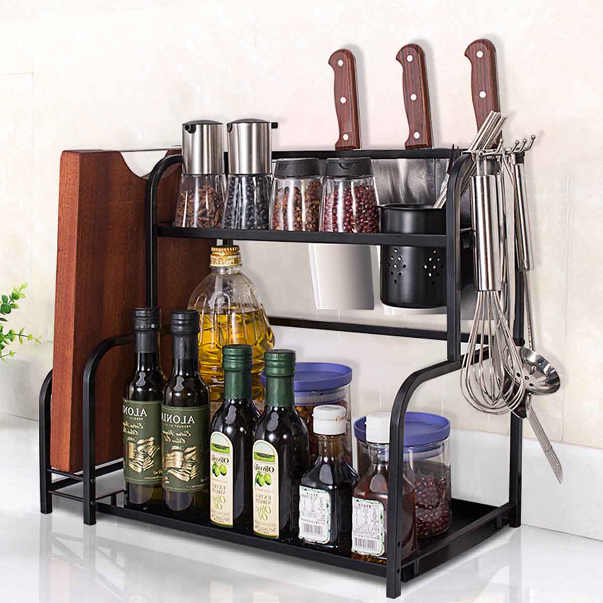 厨房置物架收纳架调料架刀架不锈钢落地黑色厨房用品筷子筒