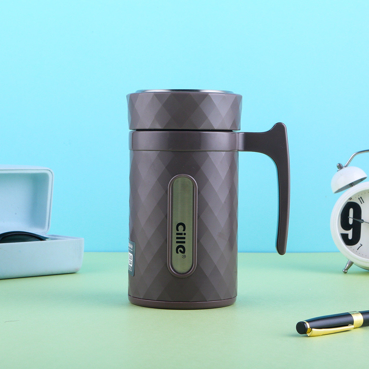 cille 时尚商务塑钢把手杯办公男女泡茶保温杯 450ml