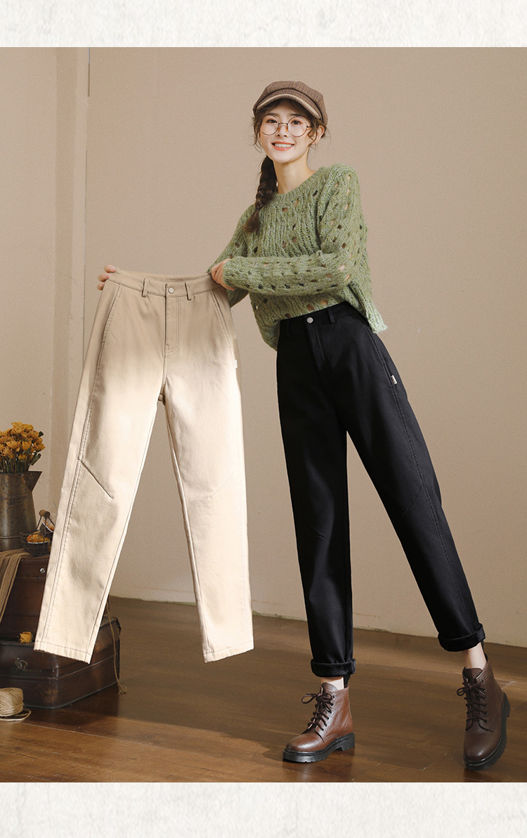 高腰加绒休闲老爹裤女冬新款简约翻边小脚萝卜裤宽松九分哈伦裤子