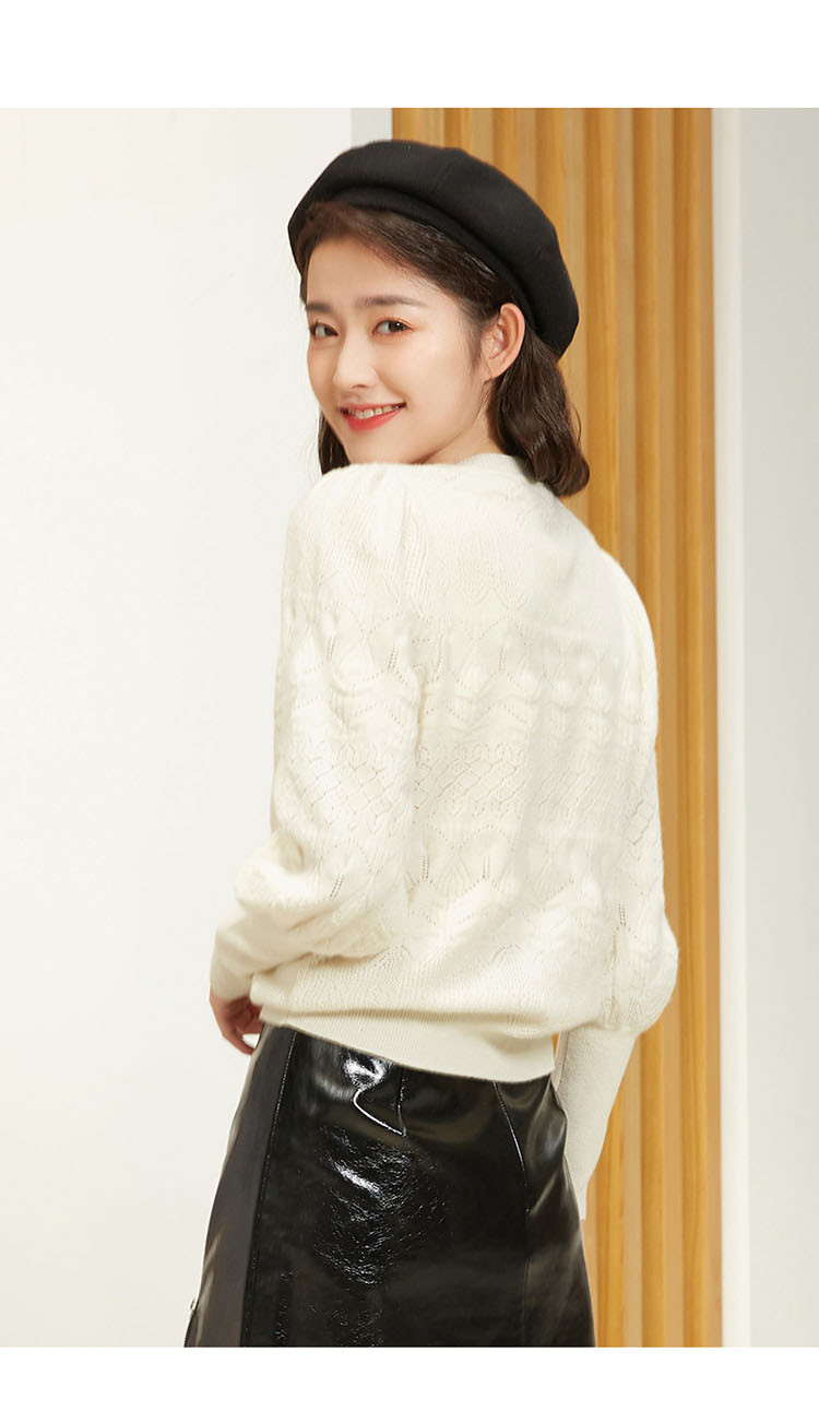 秋冬新款提花毛衣羊腿袖外穿针织衫圆领宽松保暖毛衣女