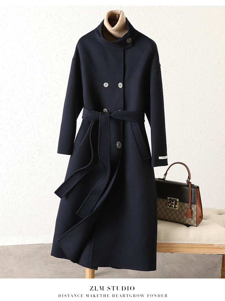 100%羊毛口袋双排扣女式立领长袖中长款双面呢大衣