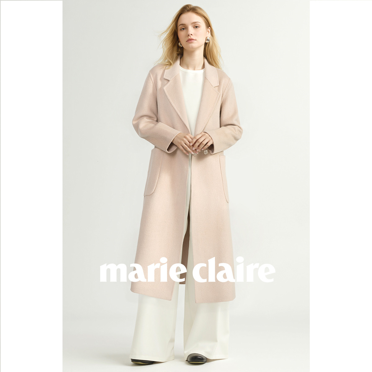 marie claire 【100%羊毛】经典西装领羊毛大衣长款秋冬偏修身款女式大衣