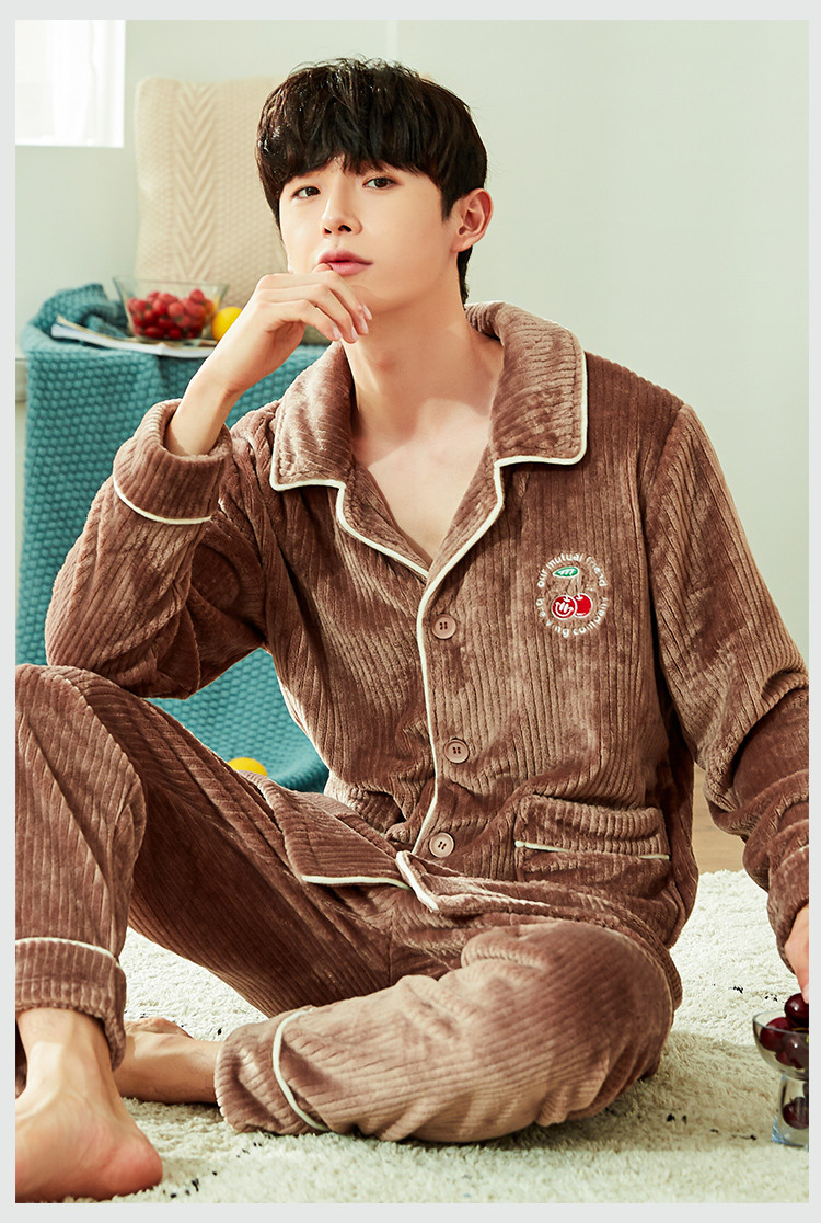 【提花竖条】法兰绒开衫加绒加厚保暖男士家居服套装男士睡衣男